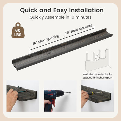 Picture Ledge Wall Shelves 48 Inches Width Set of 3, Solid Pine Wood Rustic Floating Ledge for Kids' Room Bedroom Kitchen Bathroom, Long Floating Shelves for Wall Decor, Grey