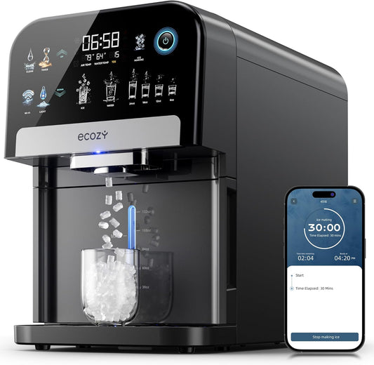 ecozy Nugget Ice Maker Dispenser, Smart 2-in-1 Pebble Ice Machine Countertop & Water Dispenser with App Control, Self-Cleaning, Auto Lighting, TDS Monitor, Measured Dispensing, 33Lbs/Day