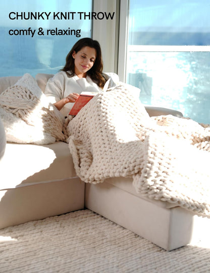 YnM Chunky Throw Blanket, Medium-Weight, Hand Knitted with Chenille Yarn, Skin Friendly, Ventilated and Breathable, Machine Washable, Home Décor Piece for Couch Sofa and Bed (Butter Cream, 80x87 Inch)