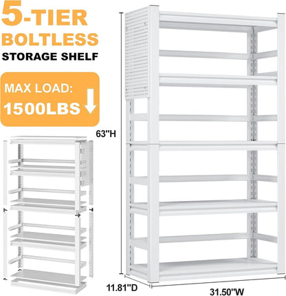 White Garage Shelving, 5 Tier Adjustable Shelving Units, Heavy Duty Metal Shelves, Bookshelf for Garage, Pantry, Basement, Living Room