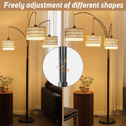 Rattan Floor Lamp for Living Room, 80 Inch Tall Boho Floor Lamp with Rotary Switch, 3 Lights Arc Lamp with Wicker Shade for Coastal,Bohemian,Tree Farmhouse Standing Lamp