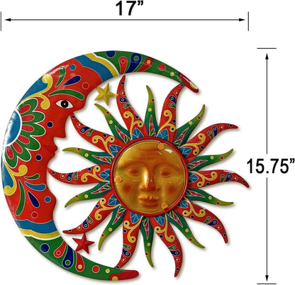Limygus Sun and Moon Wall Decorations for Outdoor, Colorufl Metal Sun Wall Art Decor with Moon & Stars Perfect for Patio, Garden, Yard, Living Room, Bedroom