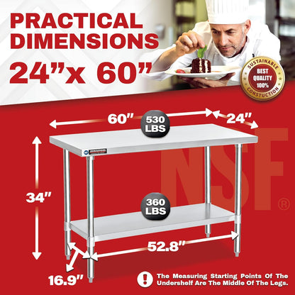 DuraSteel 24x60 Stainless Steel Work Table - NSF Commercial Prep Metal Table - Outdoor Pizza Oven Stand w/Under Shelf - Kitchen Island Laundry Utility Garage Microwave Stand Large Rolling Storage Cart