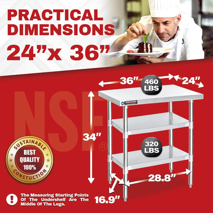 DuraSteel Food Prep Stainless Steel Table - 24 x 36 Inch Commercial Metal Workbench with Adjustable Under Shelf - NSF Certified - for Restaurant, Warehouse, Home, Kitchen, Garage