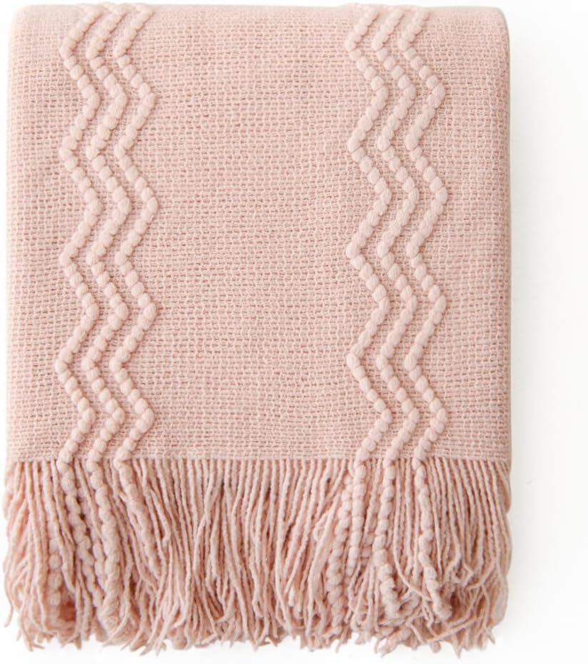 MIULEE Light Pink Knitted Throw Blanket for Couch Bed, Boho Textured Cozy Woven Decorative Farmhouse Blanket with Tassels for Sofa Chair Living Room 50"x60"