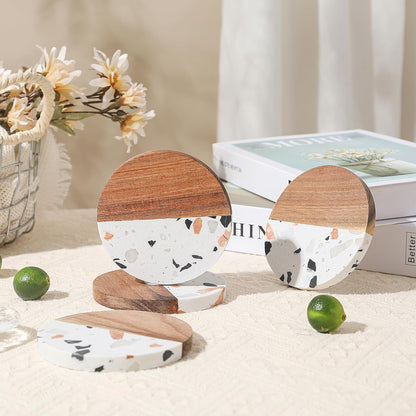 Drink Acacia Wood-Marble Coasters Set of 4,Cup Coaster for Coffee,Beverage,Cute Modern Cool Coasters for Home Decor,Table Desk Coaster Set for Housewarming,Living Room Decor (White-Wooden)