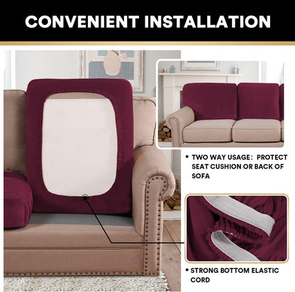 PrinceDeco Stretch Velvet Couch Cushion Covers, Soft Cushion Slipcover for Chair Loveseat Sofa Cushion Furniture Protector Seat Cushion Sofa Cover(Each Width Up to 29.5", Burgundy)