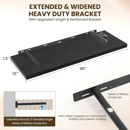 40" Floating Shelves for Wall, 12" Deep Slim Black Floating Shelves, Wall-Mounted Shelves for Bedroom, Living Room, Kitchen, Bathroom - Set of 2