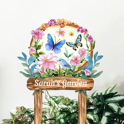 Personalized Watercolor Garden Metal Sign with Stake,Custom Gardener Last Name Signs Outdoor Decor,Customized Birds Gardening Gifts for Mom,Butterfly Flowers Plaques for Patio Lawn Porch Yard Garage