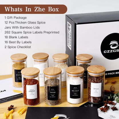 12 Pcs Glass Spice Jars With 296 Spice Labels Preprinted of White and Black Color- 10oz Thicken(2.4mm) Spice Containers With Bamboo Airtight Lids - Empty Small Herb Seasoning Jars