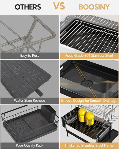BOOSINY Dish Drying Rack with Drainboard, Stainless Steel Dish Rack, 2 Tier Extra Large Dish Drainer with Cup Holder and Utensil Holder for Kitchen Counter