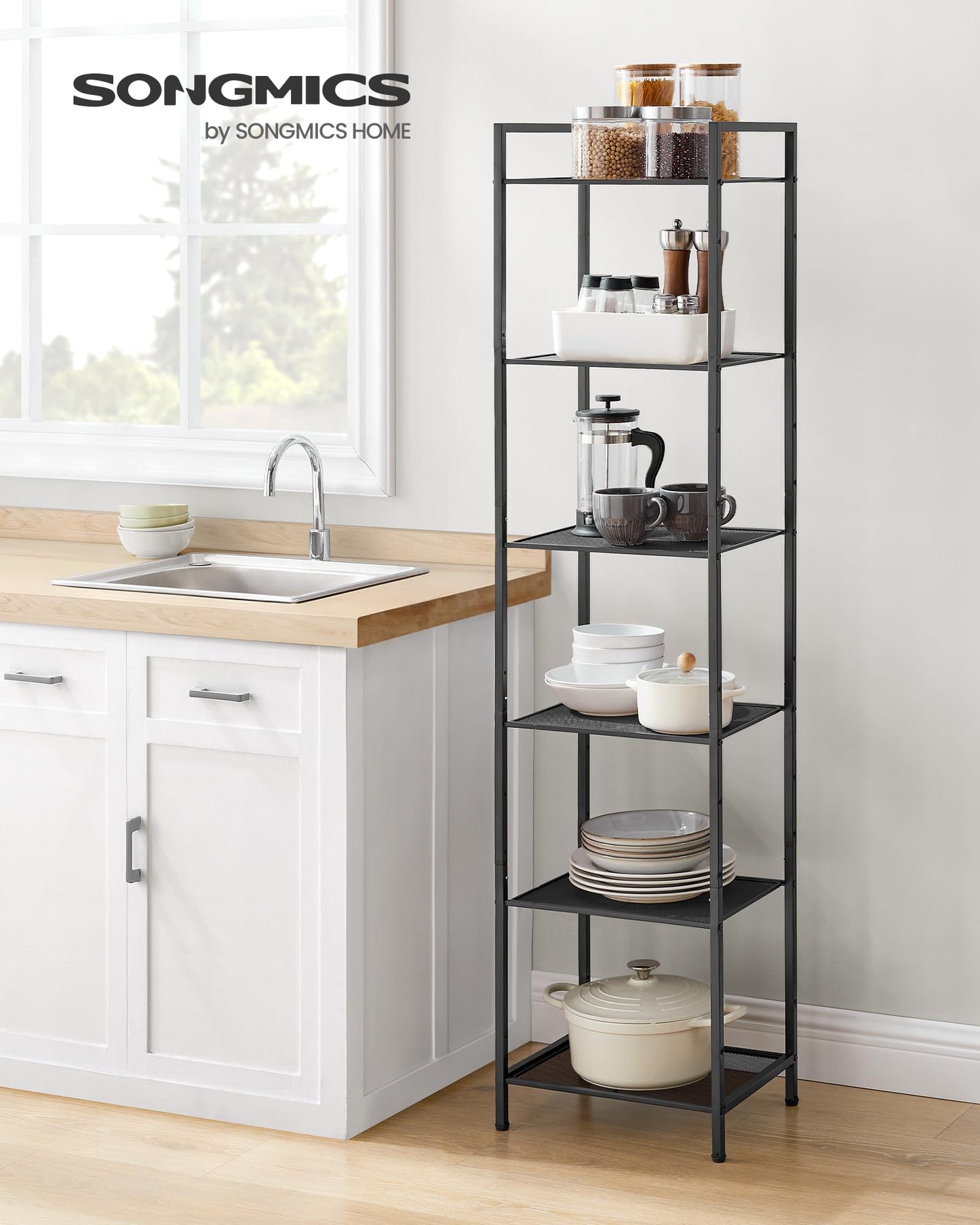 SONGMICS 6-Tier Storage Rack, Bathroom Shelf, Extendable Plant Stand with Adjustable Shelf, for