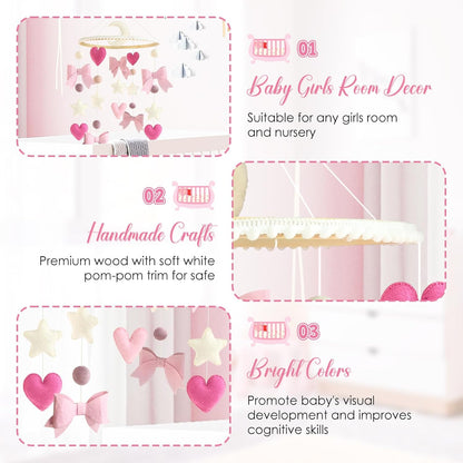 Baby Mobile for Crib Pink Bow Baby Crib Mobile for Girls Handmade Coquette Bow Nursery Decor for Infant Bedroom Hanging Pink Girls Room Decor for Bassinet Gender Reveal Newborn Gifts