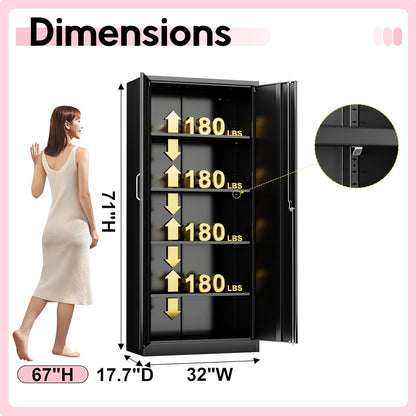 71" Garage Storage Cabinets with Lock, Cabinets with Doors and Shelves, Kitchen Pantry Cabinet, Metal Cabinet for Office, Garage, Shop, School, Assemble Required, Black