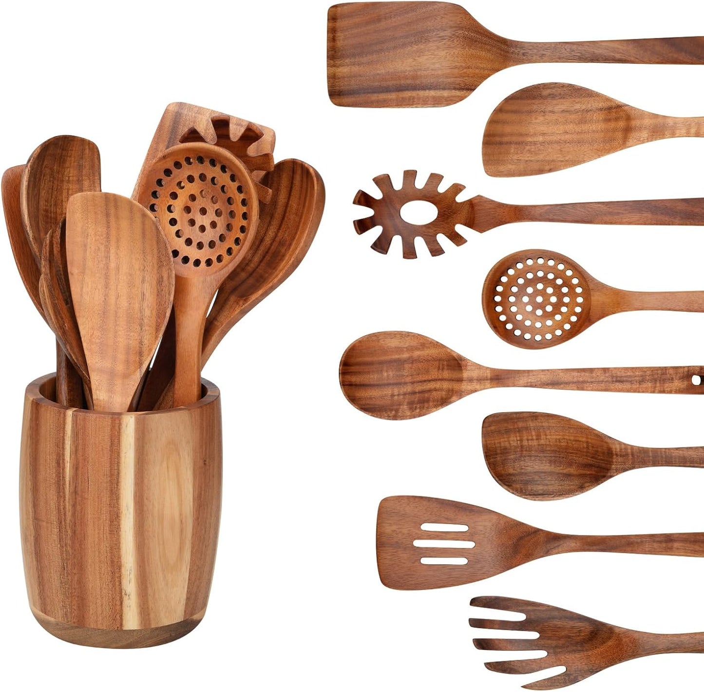 9 PCS Kitchen Utensils Set - Wooden Spoons for Cooking, Natural Teak Wooden Utensils - Includes Wooden Spoons, Spatula Set, Slotted Spoon - Handmade Wooden Spoon Set