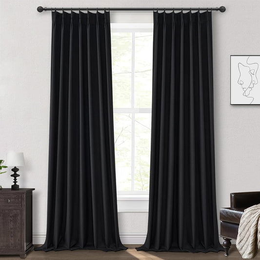 Long Black Blackout Boho Curtains, Linen Darkening Curtains for Bedroom/Nursery 102 Inches Long 2 Panels Pinch Pleated Drapes for 103 Inch Large Window Aesthetic Thermal Insulated 40x102 Inch