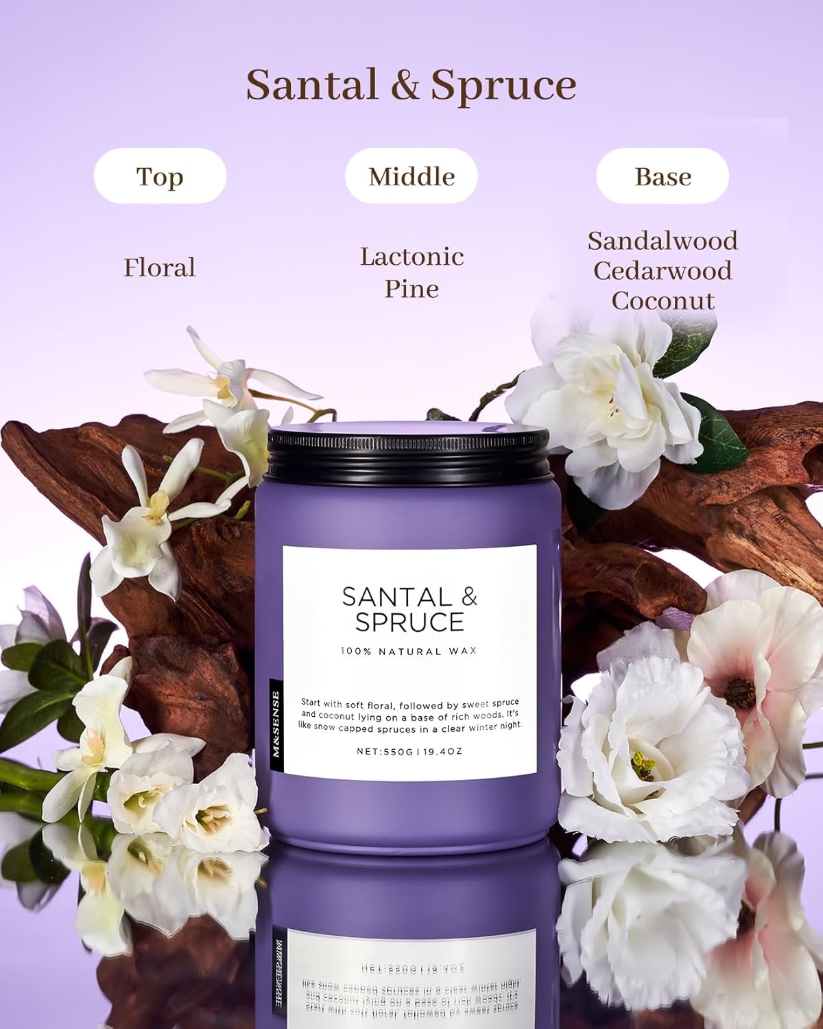 M&SENSE Sweet Spruce Coconut Soy Candles for Home Scented, 19.4oz 110 Hour Slow Burning Large Candle Gift for Stress Relief, Meditation, Relaxing SPA, Best Smelling Christmas Gifts