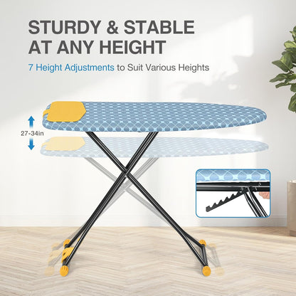 APEXCHASER Ironing Board with Iron Rest, Compact and Space Saver Iron Board, Extra Thick Cover, Height Adjustable, Wall Mount & Closet Hanger 13x43 Yellow