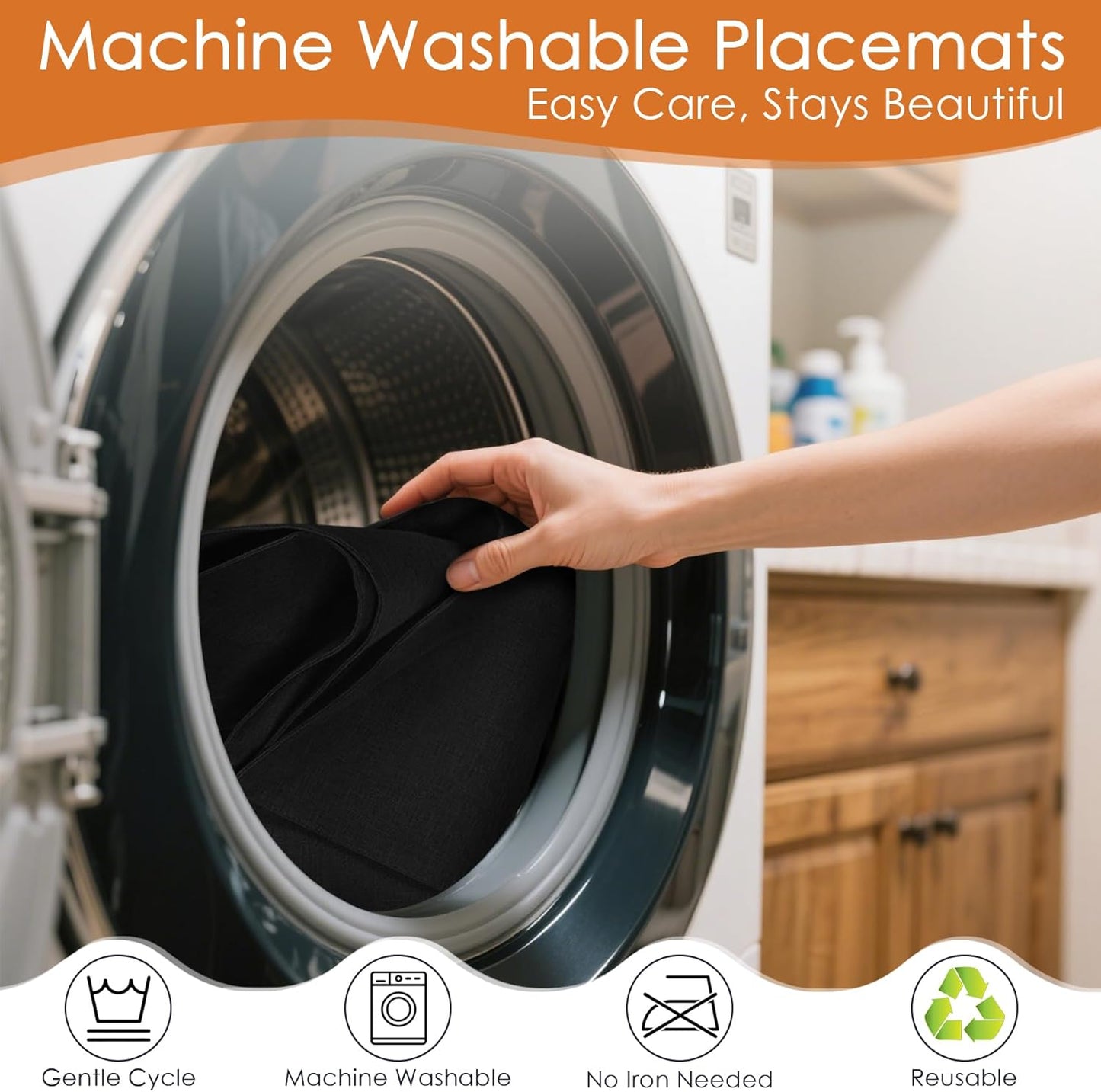 MANSPHIL Black Cloth Placemats Set of 6, Double Layer Faux Linen Place Mats Heat Resistant Washable Table Mats for Dining Kitchen, 13x19 Inch