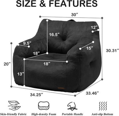 Hobestluk Bean Bag Chair for Adult Small Bean Bag Chairs with Arms Furry Beanbag Chair with Foam Filler Stuffed Bean Bag Sofa for Reading in Bedroom Living Room and Dorms (Black)