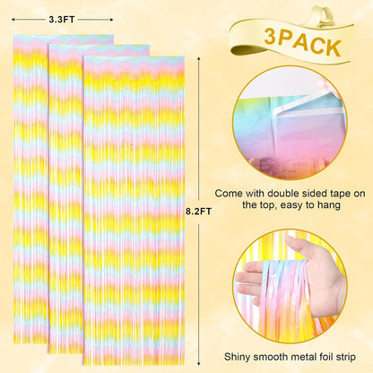 3 Pack 3.3 x 8.2 ft Pastel Rainbow Foil Fringe Backdrop Curtains, Tinsel Streamers Birthday Party Decorations, Fringe Backdrop for Graduation, Baby Shower, Gender Reveal, Disco Party