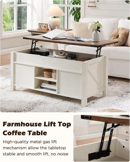 OKD 48" Farmhouse Lift Top Coffee Table with Sliding Barn Door,Rustic Center Table with Hidden Storage Compartment,Lifting Tabletop and Adjustable Shelf for Living Room,Office,Antique White