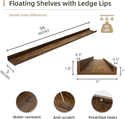 Picture Ledge Shelf, Wood Long Floating Shelves for Wall, Set of 2, 56 inch Picture Ledge Shelves, Photo Ledge Nursery Book Shelves Wall Mounted for Living Room Kids' Room Bedroom, Color Brown