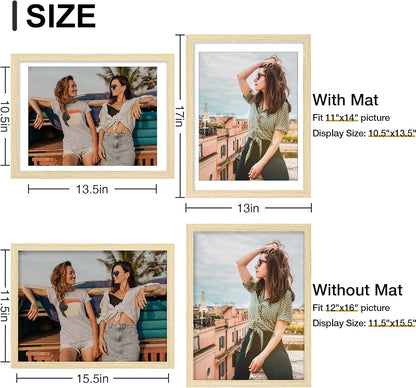 Vittanly 12x16 Picture Frames Set of 9, Shatter Resistant Plexiglass, Display 11x14 Pictures with Mat or 12x16 without Mat, Photo Frames for Wall Mount, Engineered Wood, OAK