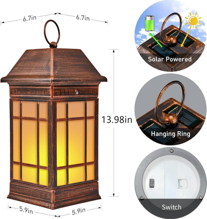 14" Solar Lantern Outdoor Waterproof, Glass Flickering Flame Solar Lanterns, Hanging Metal Lantern Decorative for Patio Front Porch Garden Backyard Tabletop Party Decoration