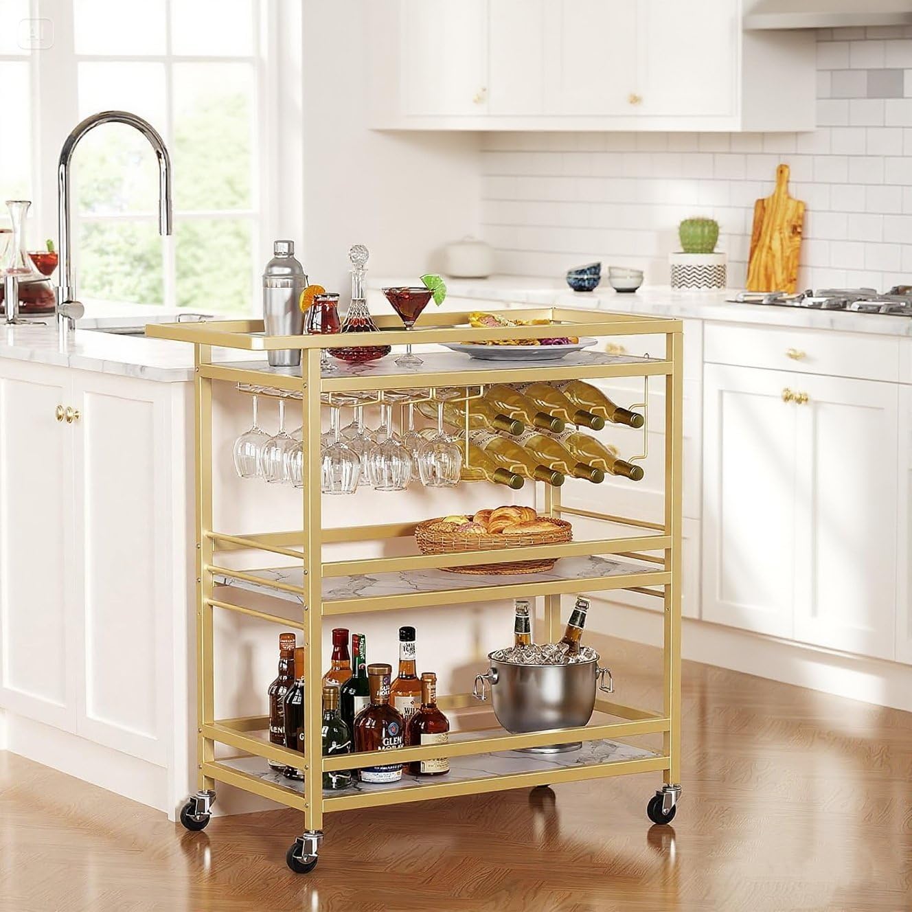 Leteuke Bar Cart for Home, 3 Tier Gold Serving Rolling Carts with Wheels, Drink Cart, Liquor Stand with Marbled Wooden Shelves, Wine Rack and Glass Holder for Kitchen, Dining Room