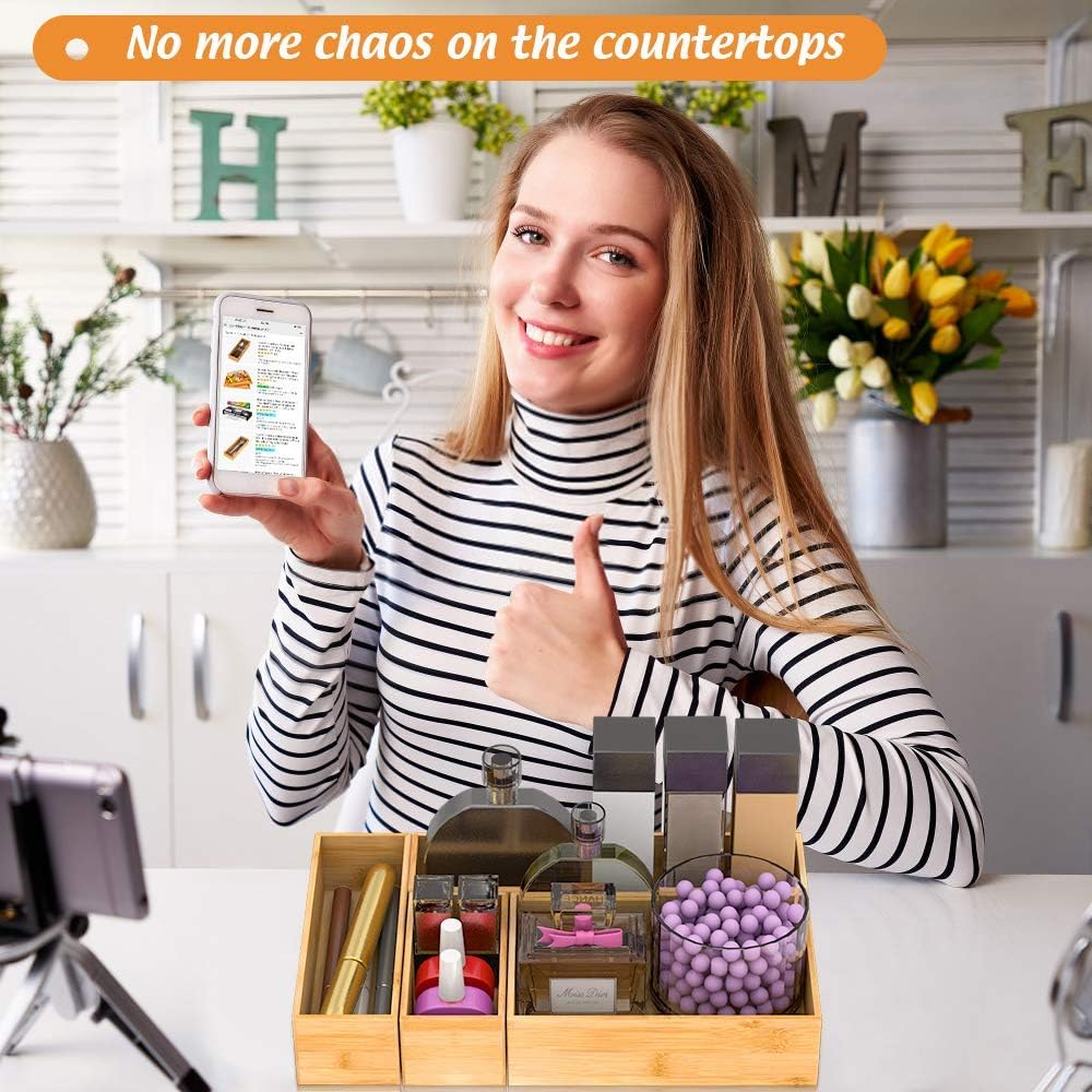 Bamboo Drawer Organizer Utensil Holder for Kitchen, Small Wood Silverware Storage Organizer, Stackable Box Tray for Cutlery, Flatware, Bathroom Caddy for Makeup, Perfume, Jewelry, 6x3x2.5 Inch