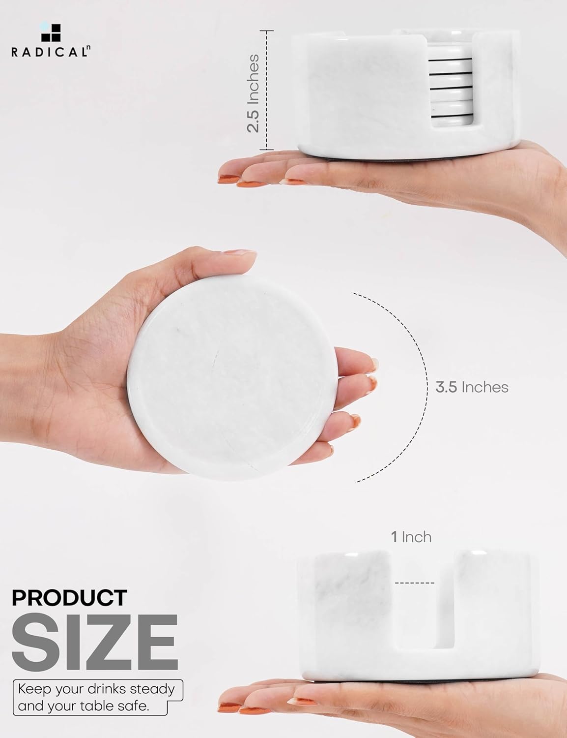 Marble Coasters Set of 6 White 3.5 Inch Round Coaster for Drinks with Holder, Drink Coaster for Tabletop & Coffee Table Decor, Ideal Home Decor House Warming Gifts