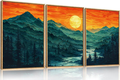 Woodland Mountain Framed Canvas Wall Art Set, Abstract Ridge Wall Painting, Boho Sunset Scenery Wall Decor, Modern Natural Landscape Art Print for Living Room, Bedroom, Office - 16"x24"x3