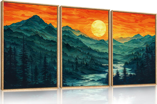 Woodland Mountain Framed Canvas Wall Art Set, Abstract Ridge Wall Painting, Boho Sunset Scenery Wall Decor, Modern Natural Landscape Art Print for Living Room, Bedroom, Office - 16"x24"x3