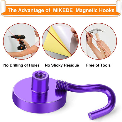 MIKEDE Magnetic Hooks, 40Lbs+ Heavy Duty Magnet Hooks for Cruise Cabins, Super Neodymium Hanging Hooks Strong Magnets with Hook for Fridge, Magnetic Hanger for Grill, Toolbox, Storage(Purple, 10 Pack)