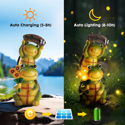 Garden Turtle Outdoor Statues, Solar Garden Statue Two Sweet Frog Face Turtles Decor with 3 LED Lights, Unique Art Resin Gifts for Patio Lawn Porch Yard