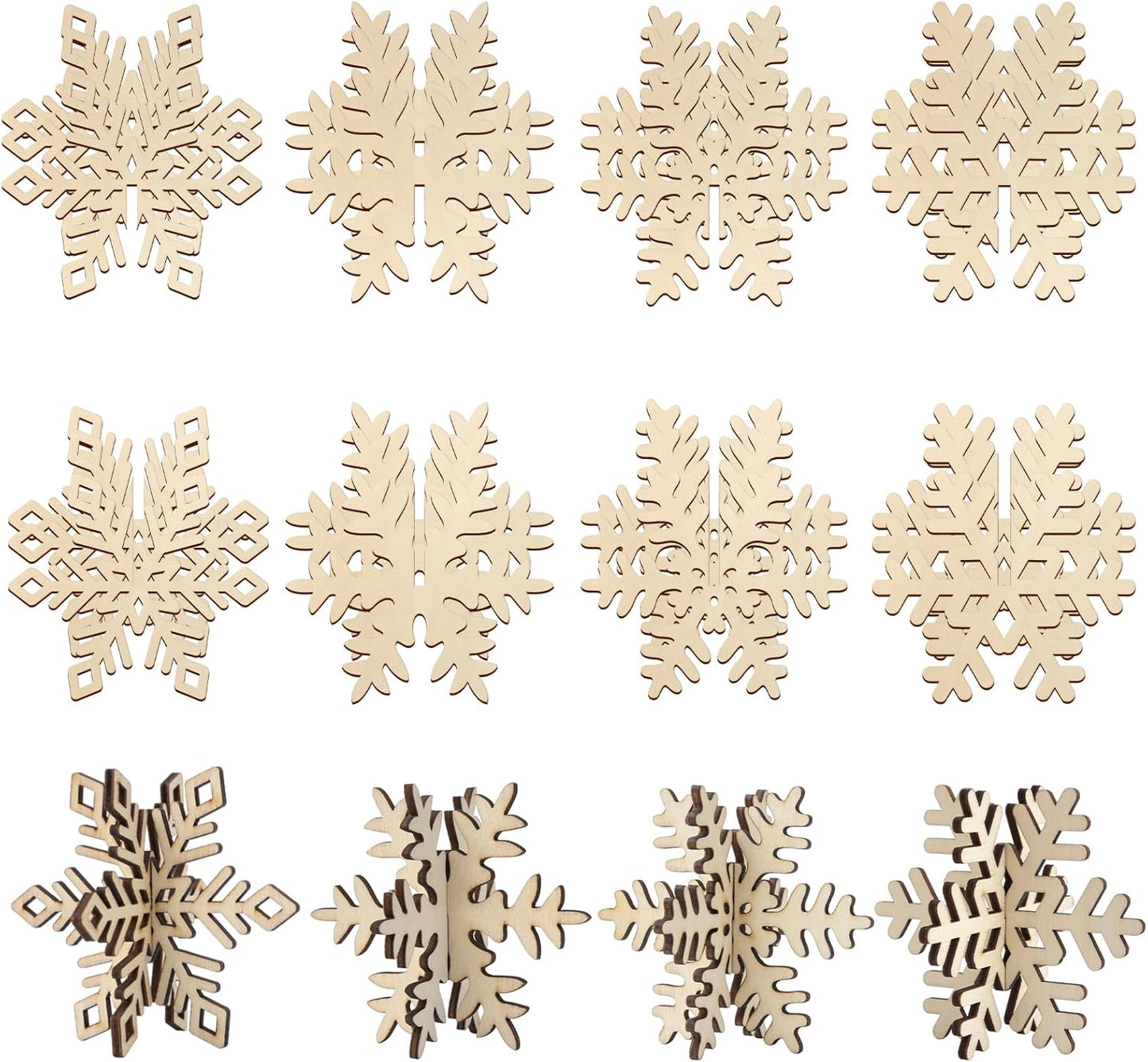 COCHIE DIY 3D Snowflake Wood Crafts to Paint for Kids Adults, Paintable Unfinished Wooden Slices for Craft, Winter Snowflakes Cutouts Ornaments for Painting Decorations (24 PCS)