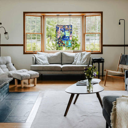 Bieye W10095 Peacock in Garden Tiffany Style Stained Glass Window Panel for Home Decor (Blue, 17.5Wx23.75H Rectangular)