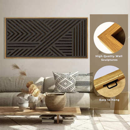 IARTTOP Large Black Framed Wood Wall Art for Living Room Abstract Modern Wooden Wall Decor Neutral Geometric Wall Sculpture Bedroom Office 20x40 Inch
