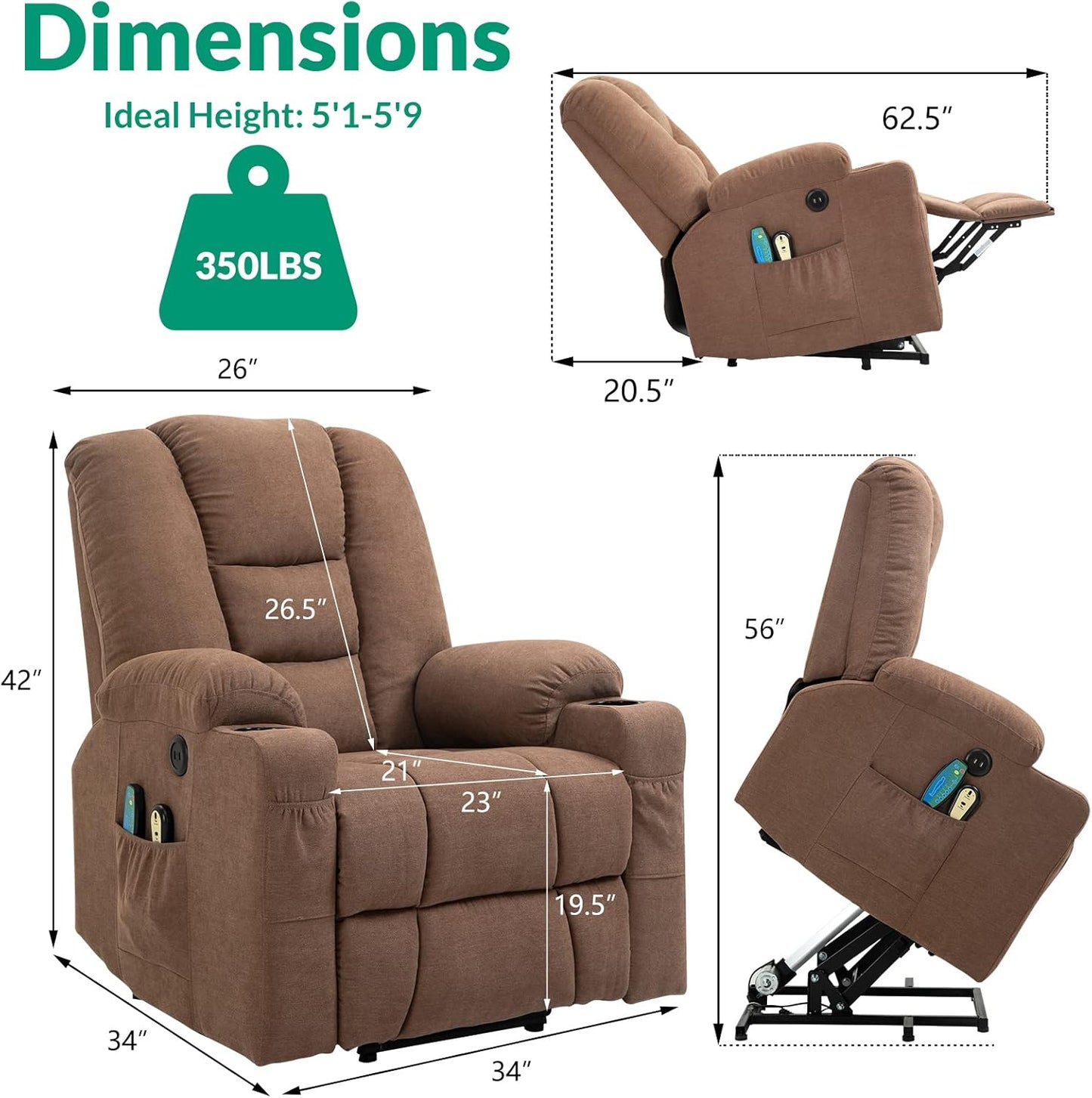 VIVIJASON Power Lift Chair Electric Recliner for Elderly Heated Vibration Massage Fabric Recliner Chair with 2 Remote Controls, Cup Holders, Side Pockets & USB Ports for Living Room (Coffee)