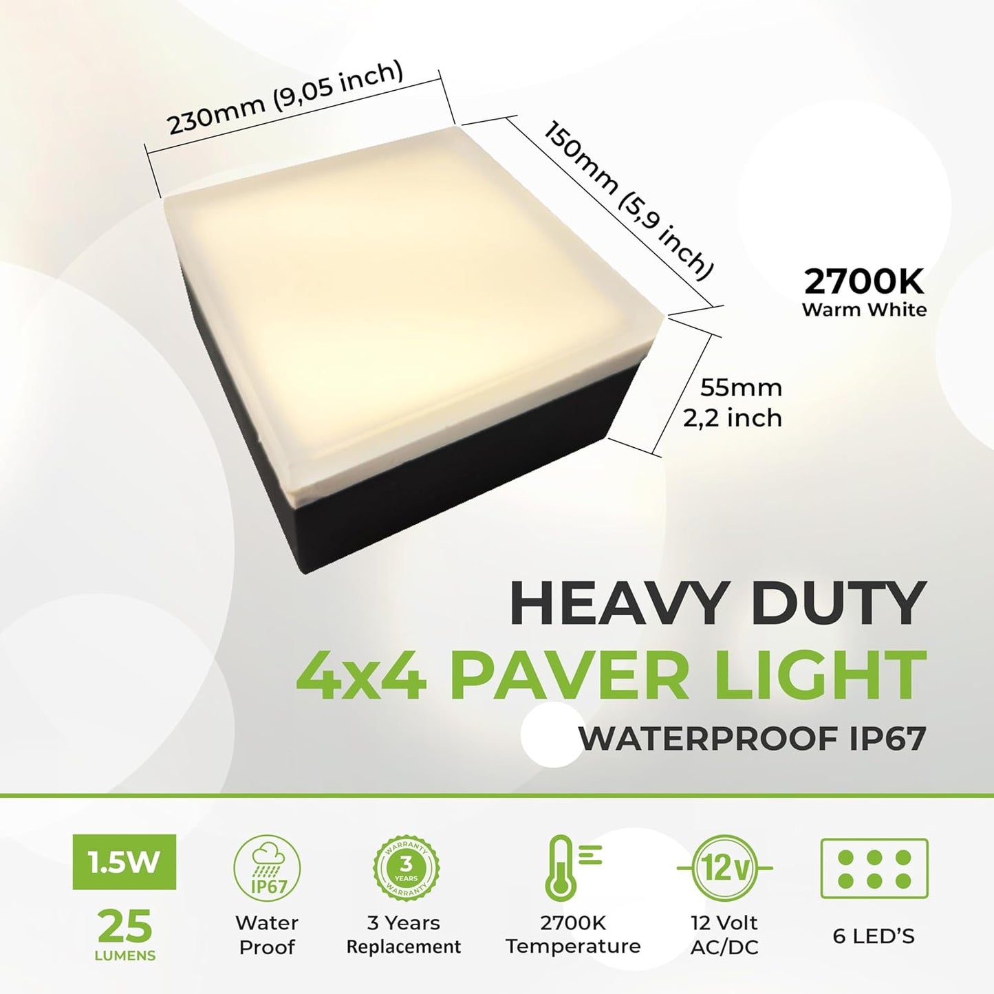 LUMENGY Paver Light 4×4 Inch (3.93 inch X 3.93 inch), Glare-Free 5000K Brick Lighting for Paver Driveways, Pathways, Patios & Garden, 12V Waterproof & Drive-Over Rated