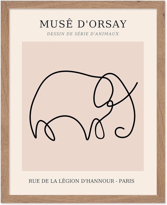 Poster Master Vintage Poster - Retro One Line Elephant Drawing Print - Elephant Art - Minimal Gift for Men, Women, Animal Lover - Abstract Wall Decor for Home, Office, 8x10 Beige Framed