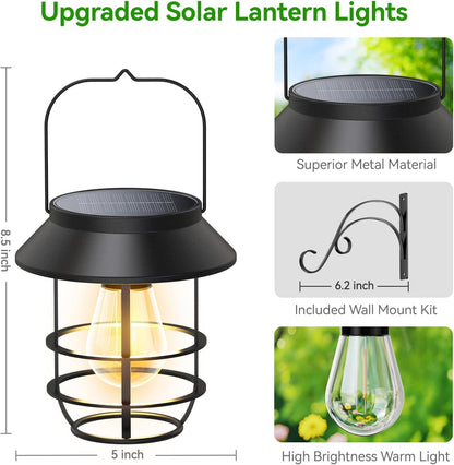 Solar Lanterns Outdoor Waterproof, High Brightness Hanging Solar Lights for Outside with Wall Hooks, Halloween Decor Retro Metal Outdoor Lanterns Auto On/Off for Patio, Yard Decor, Black,2Pack