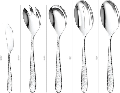 Hammered Serving Utensil Set, 18/10 Stainless Steel Serving Spoons, Salad Servers, Butter Knives, Mirror Finish, Dishwasher Safe, Elegant and Durable (10-Piece Serving Set, Fidenza Hammered)