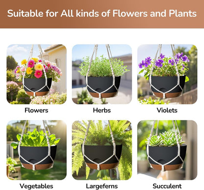12 Inch Hanging Baskets for Plants Outdoor, Hanging Planters for Indoor Outdoor Plants, Hanging Planter with Self Watering, Hanging Flower Pots (Black Planter with Macrame + Iron Hangers)