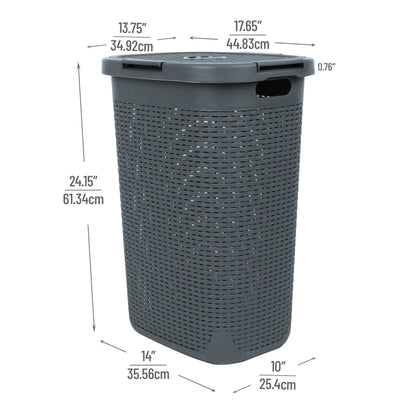 Mind Reader 60L Slim Laundry Hamper, Clothes Basket, Lid, Wicker Style, Plastic, 17.65"L x 13.75"W