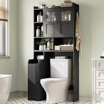 Itaar Over The Toilet Storage Cabinet, Over Toilet Bathroom Organizer with Glass Doors & Toilet Paper Holder Stand, Home Space-Saving Toilet Rack, for Bathroom, Restroom, Laundry(Black)