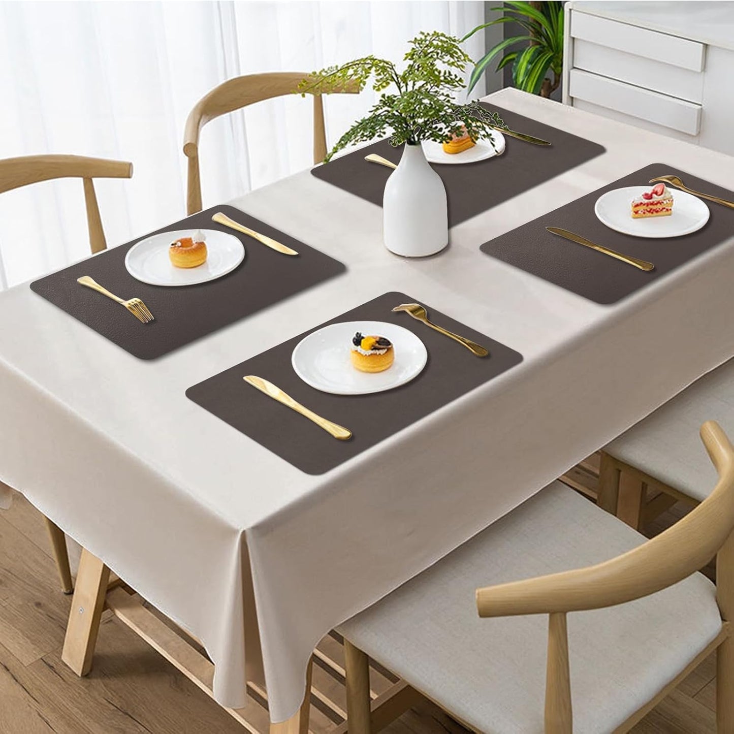 BLESWIN Faux Leather Placemats, Set of 6, 12×17 Inch -Double Side Texture Color Table Mats, Heat-Resistant, Waterproof and Oil-Resistant, Suitable for Dining Room, Kitchen, Party, Outdoor - Dark Brown