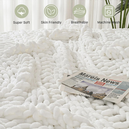 Esterra Chunky Knit Blanket Throw, 100% Handmade Chenille Throw Blanket 50"x60", Soft Thick Yarn Cable Knit Crochet Throw Blanket Rope Knot Throw for Couch Bed Sofa, Bright White