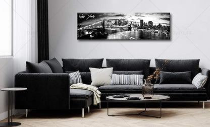 DJSYLIFE New York Skyline Wall Art - Brooklyn Bridge Night View - Black and White Nyc City Pictures Scape Artwork Painting Decoration for Bedroom or Office, Ready to Hang 13.8"x47.3"-New York1